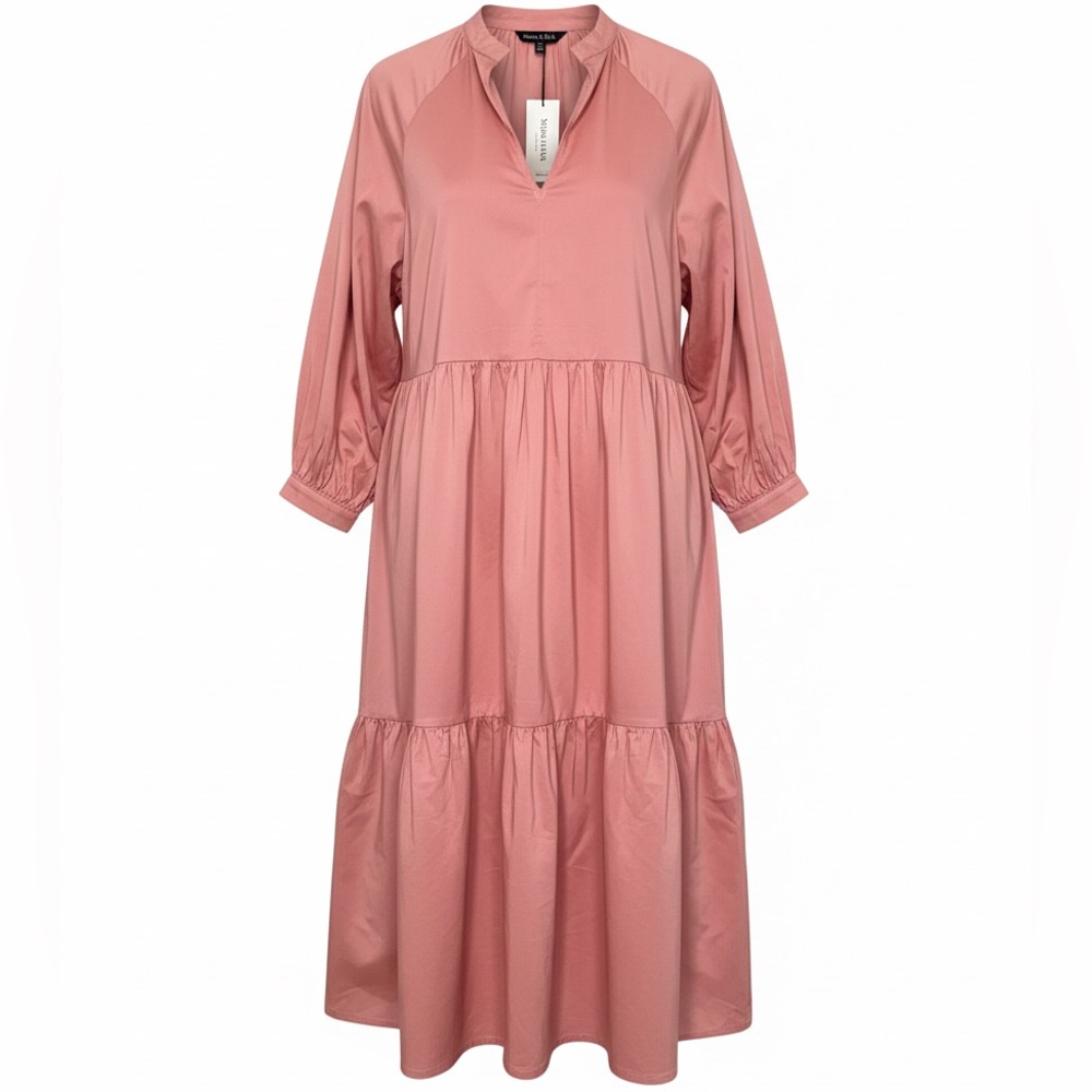 Strut & Bolt Coral Tiered Midi Dress | Puff Sleeve V-Neck Poplin Dress #78‎